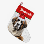 Christmas Saint Bernard Dog with Name Woof ラージクリスマスストッキング (正面 (吊り時))
