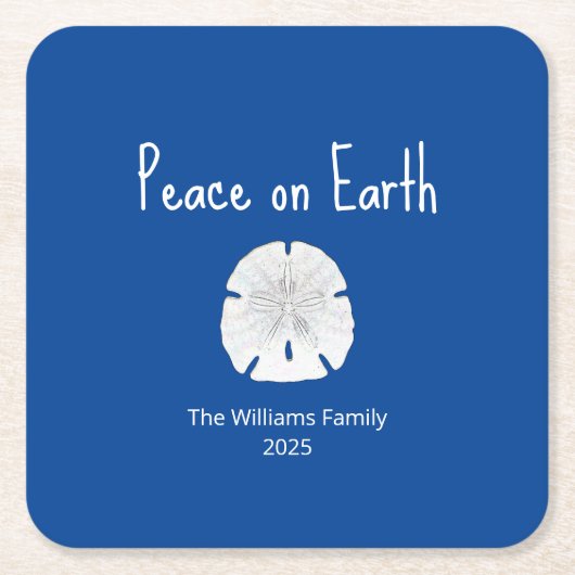 Christmas Sand Dollar Peace on Earth Blue スクエアペーパーコースター (正面)