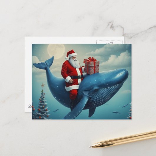 Christmas Santa and Whale Surreal ポストカード (正面/裏面インサイチュ)
