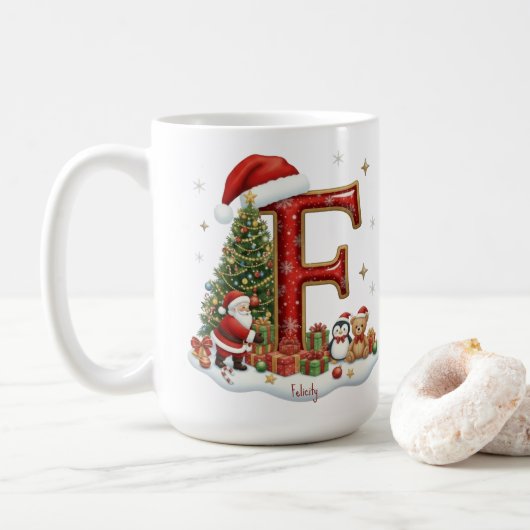 Christmas Santa Claus Elf Penguin Alphabet F コーヒーマグカップ (ドーナツ)