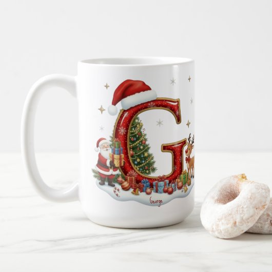 Christmas Santa Claus Elf Penguin Alphabet G コーヒーマグカップ (ドーナツ)