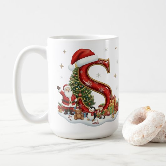 Christmas Santa Claus Elf Penguin Alphabet S コーヒーマグカップ (ドーナツ)