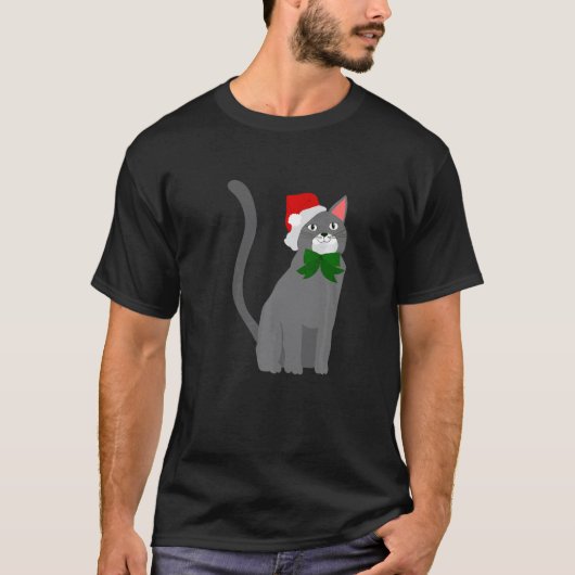 christmas santa claus hat gray cat   tシャツ (正面)