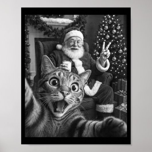 Christmas Santa Claus Merry X-mas Funny Cat Selfie ポスター (正面)