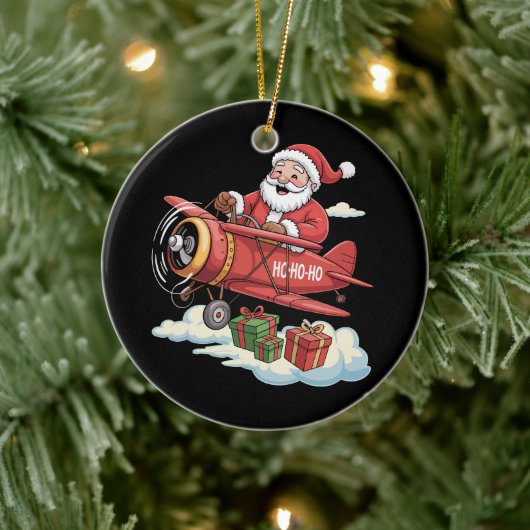 Christmas Santa Claus Pilot Flying Airplane Gift セラミックオーナメント (ツリー)