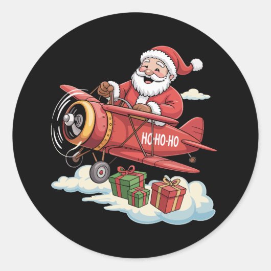 Christmas Santa Claus Pilot Flying Airplane Gift ラウンドシール (正面)