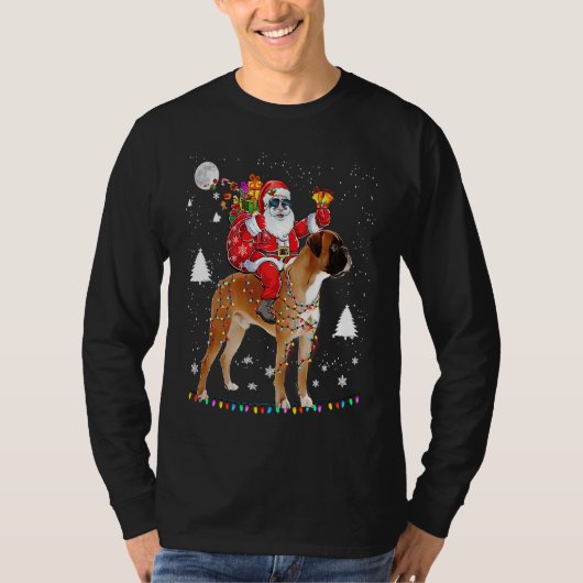 Christmas Santa Claus Riding Boxer Dog Lights Xmas Tシャツ (正面)