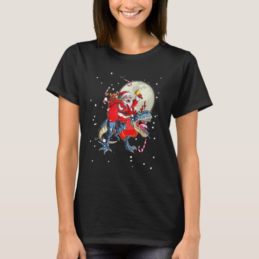 Christmas Santa Claus Riding Dinosaur For Boys Gir Tシャツ (正面)