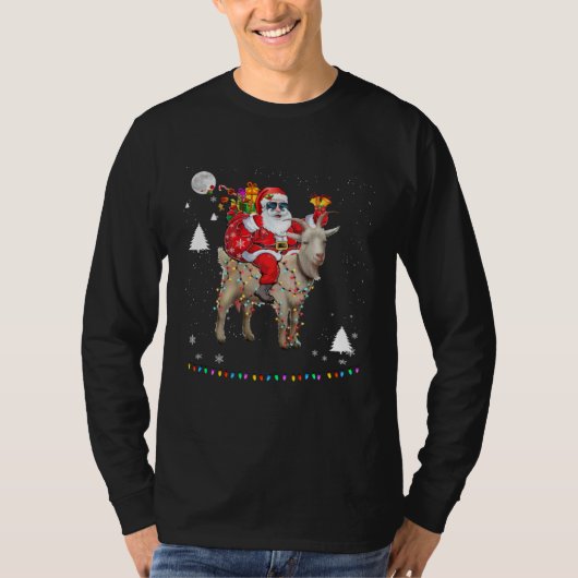 Christmas Santa Claus Riding Goat Lights Xmas Holi Tシャツ (正面)