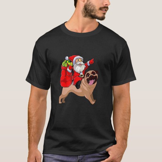 Christmas Santa Claus Riding Pug Dog Xmas Pajama Tシャツ (正面)