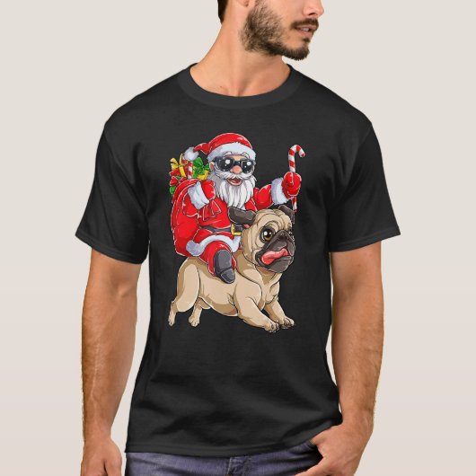 Christmas Santa Claus Riding Pug Xmas Boys Men Pug Tシャツ (正面)