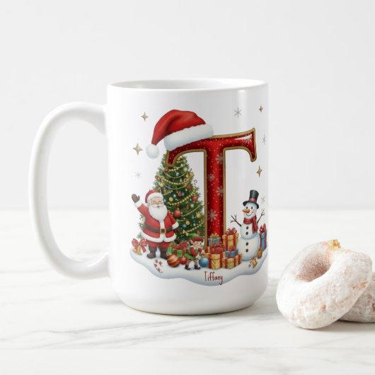 Christmas Santa Claus Snowman Elf Alphabet T  コーヒーマグカップ (ドーナツ)