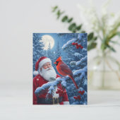 Christmas Santa Claus with Cardinal in Snowy Tree シーズンポストカード (スタンド正面)
