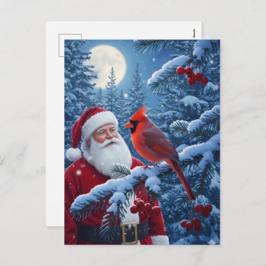Christmas Santa Claus with Cardinal in Snowy Tree シーズンポストカード (正面/裏面)