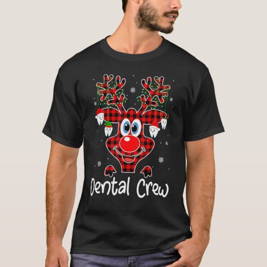 Christmas Santa ELF Reindeer Dentist Red Plaid Den Tシャツ (正面)