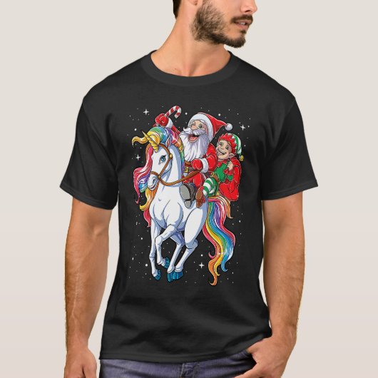 Christmas Santa Elf Riding Unicorn Xmas  Girls Wom Tシャツ (正面)