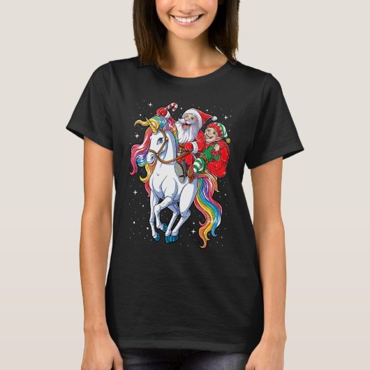 Christmas Santa Elf Riding Unicorn Xmas Girls Wom Tシャツ (正面)
