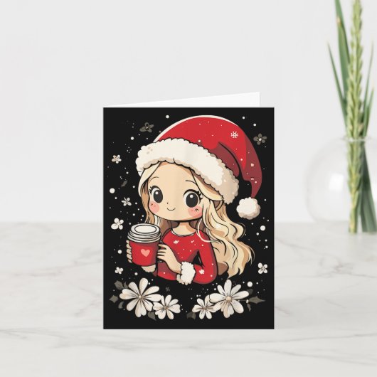 Christmas Santa Girl Coffee Flower Kids Santa Wome カード (正面)