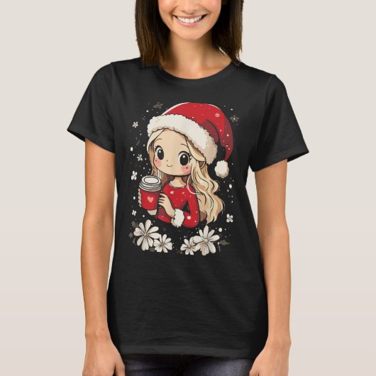 Christmas Santa Girl Coffee Flower Kids Santa Wome Tシャツ (正面)