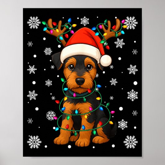 Christmas Santa Hat Reindeer Airedale Terrier Love ポスター (正面)