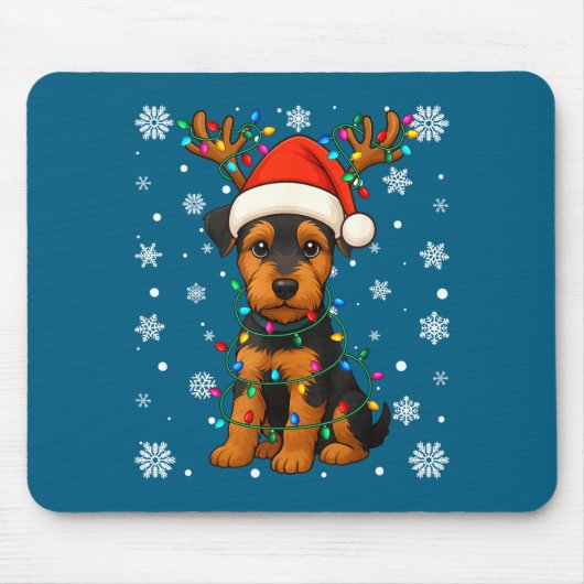 Christmas Santa Hat Reindeer Airedale Terrier Love マウスパッド (正面)
