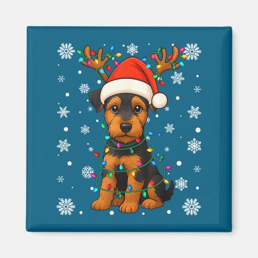 Christmas Santa Hat Reindeer Airedale Terrier Love マグネット (正面)