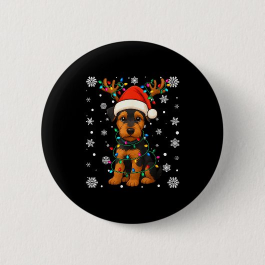 Christmas Santa Hat Reindeer Airedale Terrier Love 缶バッジ (正面)