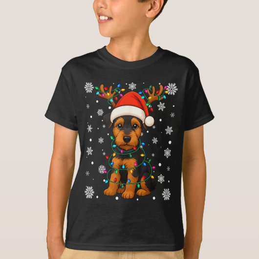 Christmas Santa Hat Reindeer Airedale Terrier Love Tシャツ (正面)