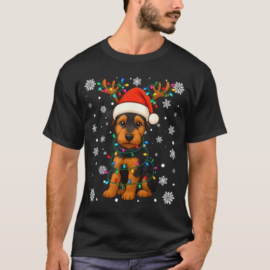 Christmas Santa Hat Reindeer Airedale Terrier Love Tシャツ (正面)