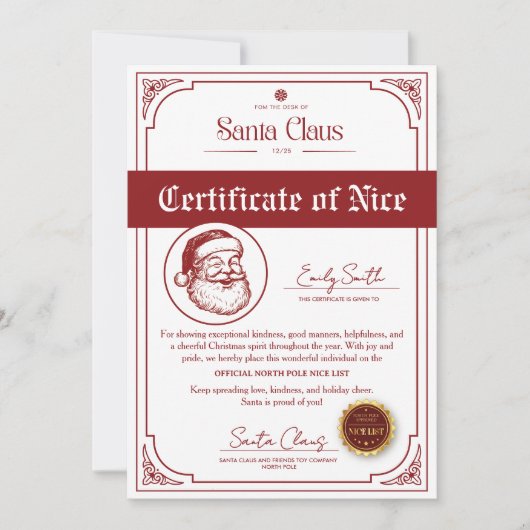 Christmas Santa Nice List Certificate 招待状 (正面)