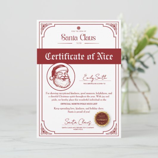 Christmas Santa Nice List Certificate 招待状 (スタンド正面)