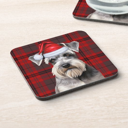 Christmas Schnauzer Dog Red Plaid Holiday コースター (左側)