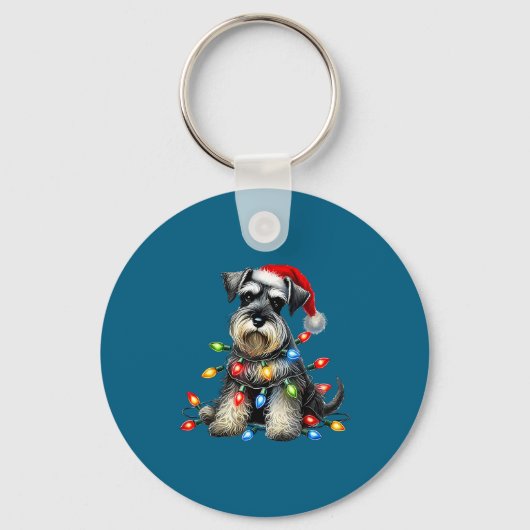 Christmas Schnauzer Dog Santa Hat Xmas Light Holid キーホルダー (正面)