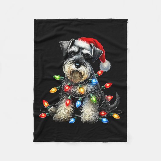 Christmas Schnauzer Dog Santa Hat Xmas Light Holid フリースブランケット (正面)