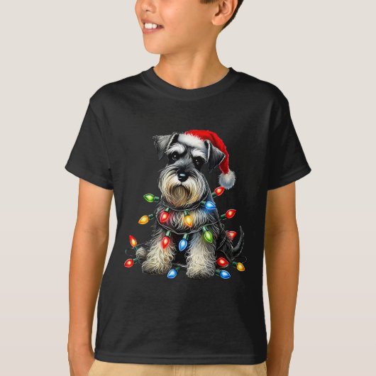 Christmas Schnauzer Dog Santa Hat Xmas Light Holid Tシャツ (正面)