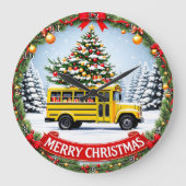 Christmas School Bus Winter ラージ壁時計 (正面)