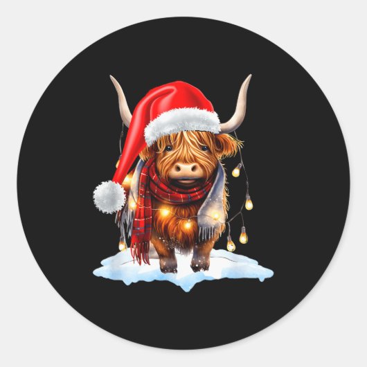 Christmas Scottish Highland Cow Wrapped In Christm ラウンドシール (正面)
