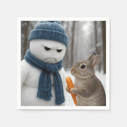 Christmas Scowling Snowman With a Bunny スタンダードカクテルナプキン (正面)