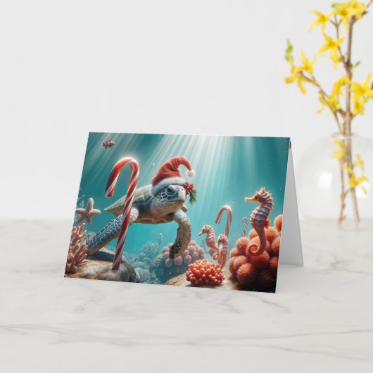 Christmas Sea Turtle With Candy Canes カード (黄色い花)