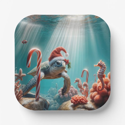 Christmas Sea Turtle With Candy Canes ペーパープレート (正面)