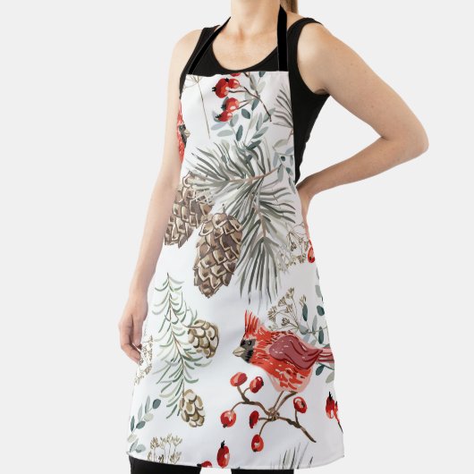 Christmas seamless pattern, cardinal birds, red be エプロン (インサイチュ)