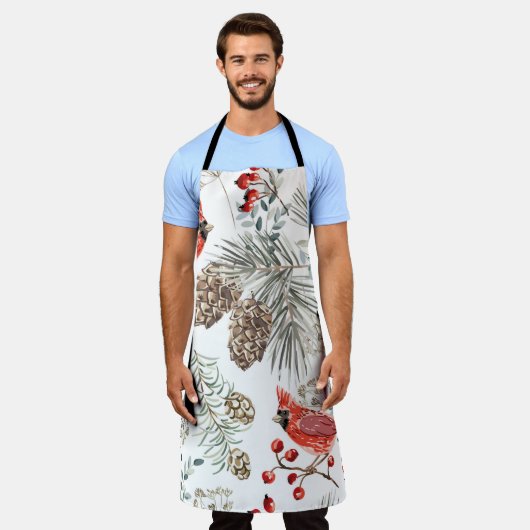 Christmas seamless pattern, cardinal birds, red be エプロン (着用した状態)