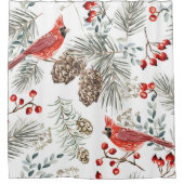Christmas seamless pattern, cardinal birds, red be シャワーカーテン (正面)