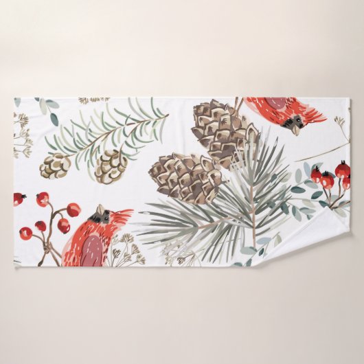 Christmas seamless pattern, cardinal birds, red be バスタオル (バスタオル)