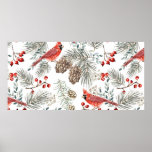 Christmas seamless pattern, cardinal birds, red be ポスター<br><div class="desc">Christmas seamless pattern,  cardinal birds,  red berries,  fir twigs,  cedar cones,  white background. Vintage illustration. Nature design. Season greeting. Winter Xmas holidays</div>