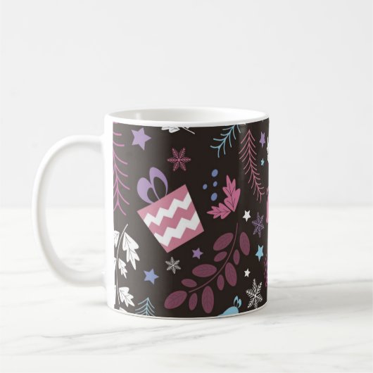 Christmas seamless pattern with tree, snow, gift コーヒーマグカップ (左)