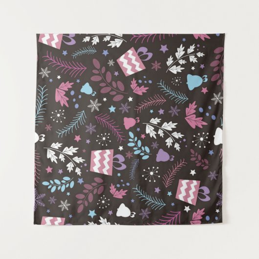 Christmas seamless pattern with tree, snow, gift タペストリー (正面(横))
