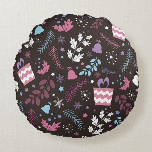 Christmas seamless pattern with tree,  snow,  gift ラウンドクッション (正面)