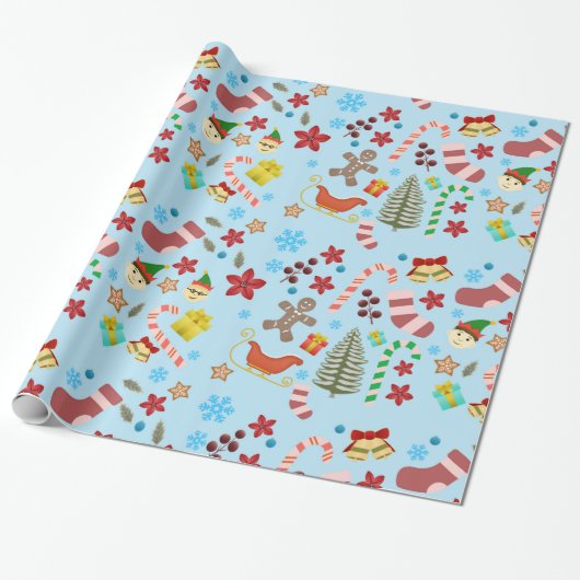 Christmas Seasonal Icons Wrapping Paper - Blue ラッピングペーパー (アンロールド)