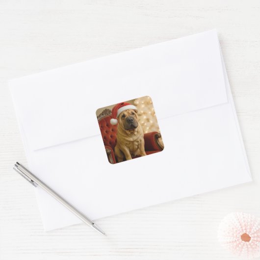 Christmas Shar-Pei Dog With Santa Hat スクエアシール (封筒)